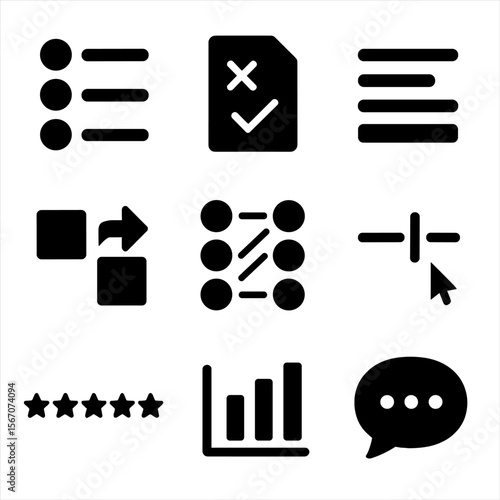 Quiz Icons Grid. Solid, filled icon set of quiz question types: multiple choice, true/false, fill in blank, drag and drop,
