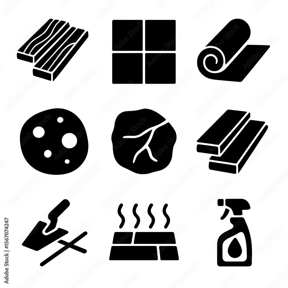 Fototapeta premium Kitchen Flooring Icons. Solid, filled icons set of flooring options for kitchens: hardwood plank, ceramic tile