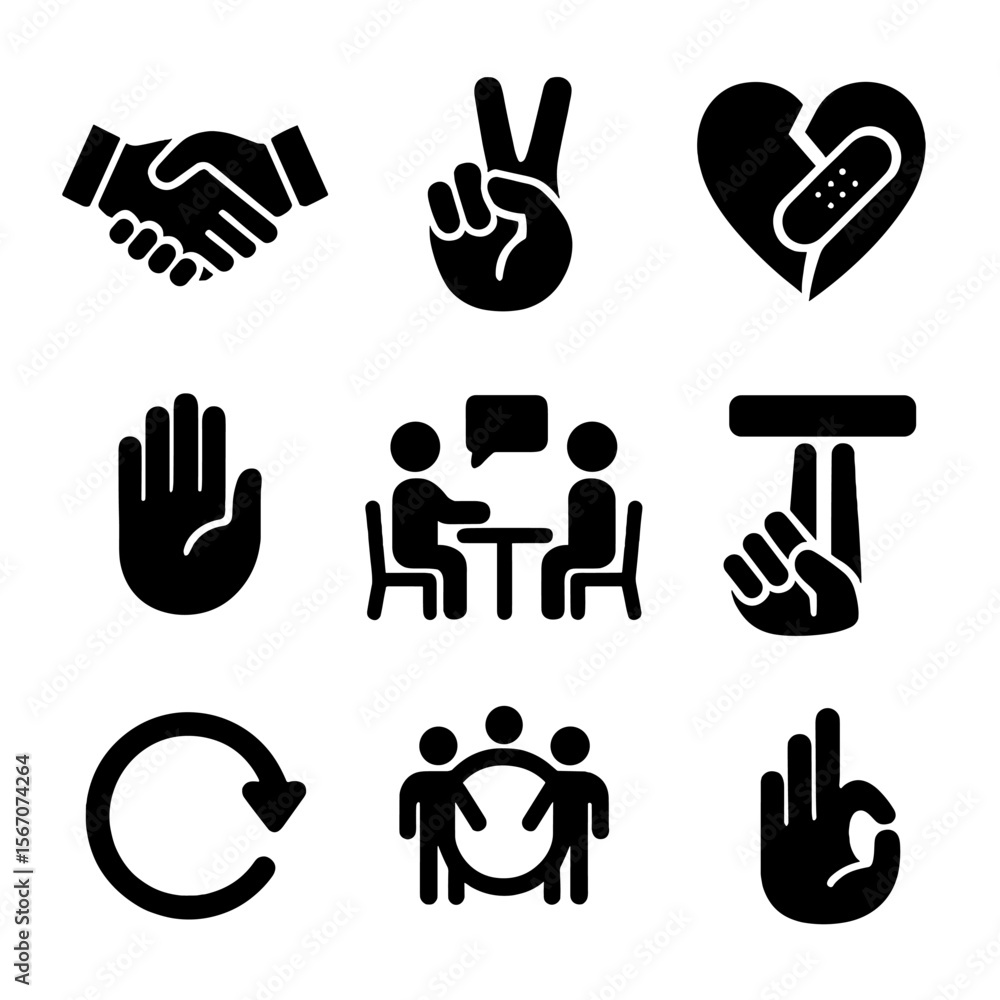 Fototapeta premium Conflict Resolution Icons. Solid, filled icon set of conflict resolution: handshake, peace sign, broken heart repair, apology hand