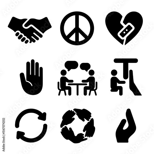 Conflict Resolution Icons. Solid, filled icon set of conflict resolution: handshake, peace sign, broken heart repair, apology hand