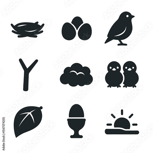 Bird Nesting Icons. Flat icon set of nesting sleep for birds: twig nest, egg clutch, mother bird silhouette, branch fork, soft