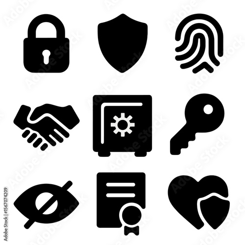 Confidentiality Icons Grid. Solid, filled icon set of confidentiality and trust: lock, shield, fingerprint, handshake, safe, key,