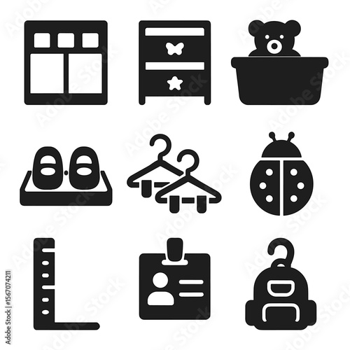 Kids' Closet Icons. Solid, filled icons set of kids’ shared closet organization: labeled cubbies, color drawer