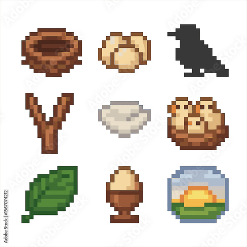Bird Nesting Icons. Pixel art icon set of nesting sleep for birds: twig nest, egg clutch, mother bird silhouette, branch fork,