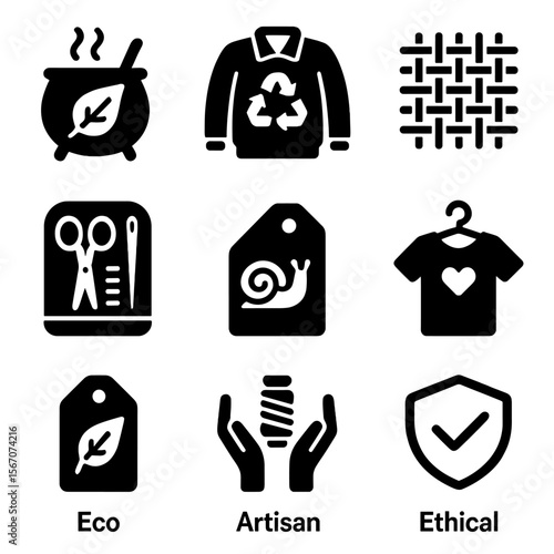 Sustainable Fashion Icons. Solid, filled icons set of sustainable cultural fashion: natural dye pot, upcycled