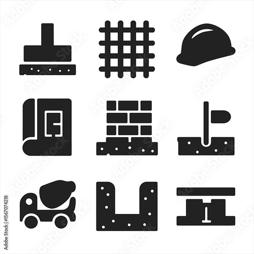 Foundation Icon Set. Solid, filled icon set of building foundation: concrete base, rebar grid, construction helmet, blueprint,