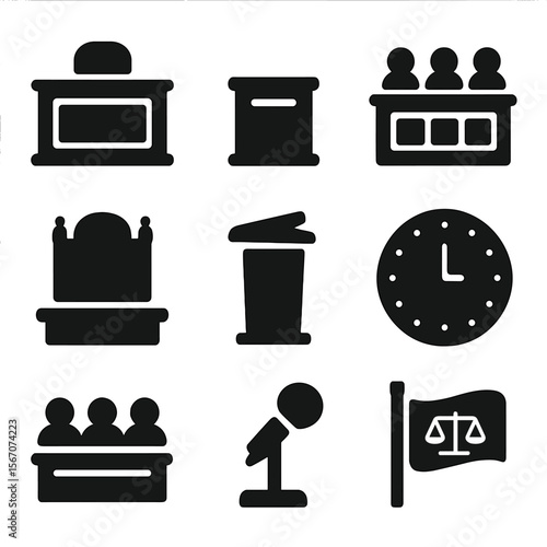 Courtroom Icon Set. Solid, filled icon set of courtroom environment: bench, witness stand, jury box, judge’s chair, legal podium,