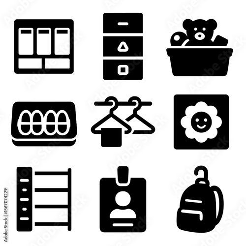 Kids' Closet Icons. Solid, filled icons set of kids’ shared closet organization: labeled cubbies, color drawer