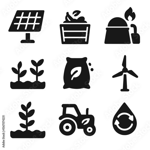 Sustainable Farming Icons. Solid, filled icons set of sustainable farming technologies: solar panel, compost
