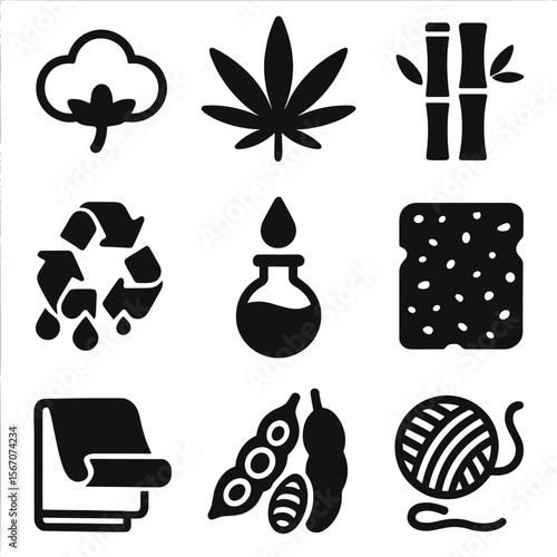 Sustainable Fashion Icons. Solid, filled icons set of sustainable fashion materials: organic cotton, hemp