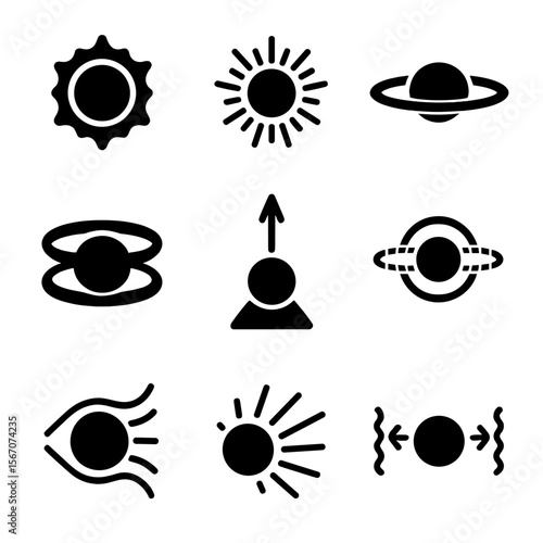 Black Hole Icon Set. Solid, Filled icon set of black hole formation and structure: event horizon, singularity, Schwarzschild