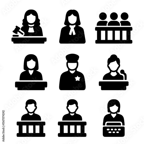 Courtroom Role Icons. Solid, filled icon set of courtroom roles: judge, lawyer, jury member, court clerk, bailiff, witness,