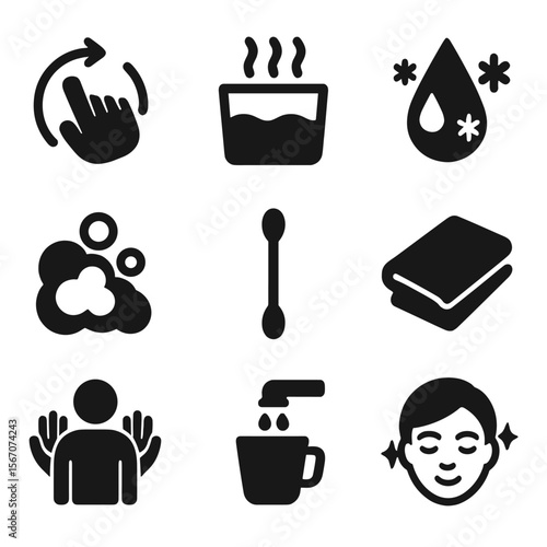 Cleansing Techniques Icons. Solid, filled icons set of cleansing techniques: circular hand motion, warm water,