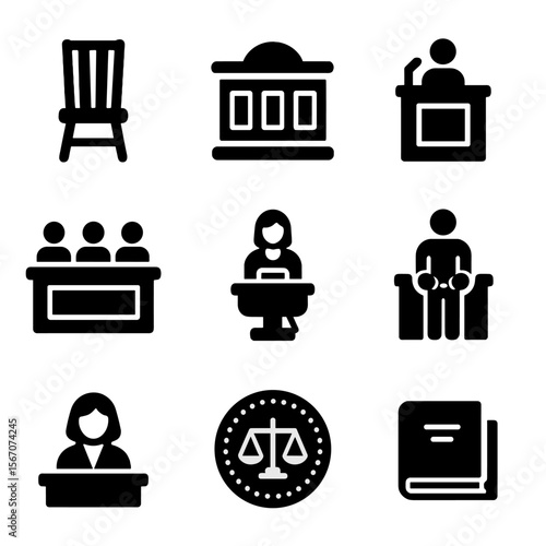 Courtroom Essentials Icons. Solid, filled icon set of courtroom essentials: courtroom chair, judge's bench, witness stand, jury
