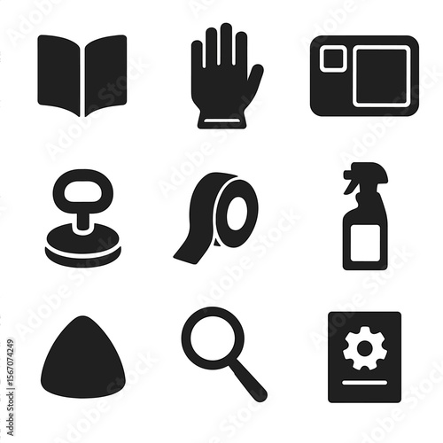 DIY Repair Tool Icons. Solid, filled icon set of DIY repair tips: guidebook, anti-static glove, work mat, suction cup, adhesive
