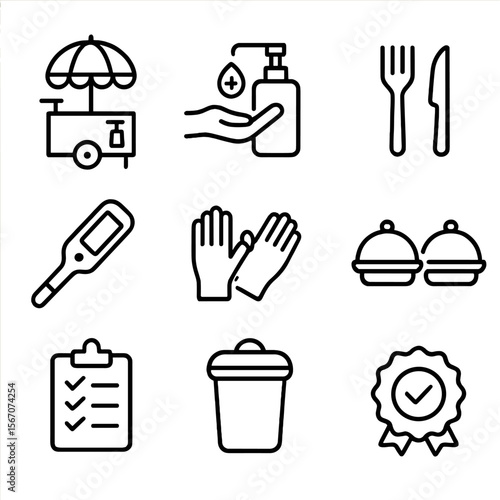 Street Food Hygiene Icons. Outline icon set of street food hygiene practices: food cart with sanitizer dispenser, handwashing
