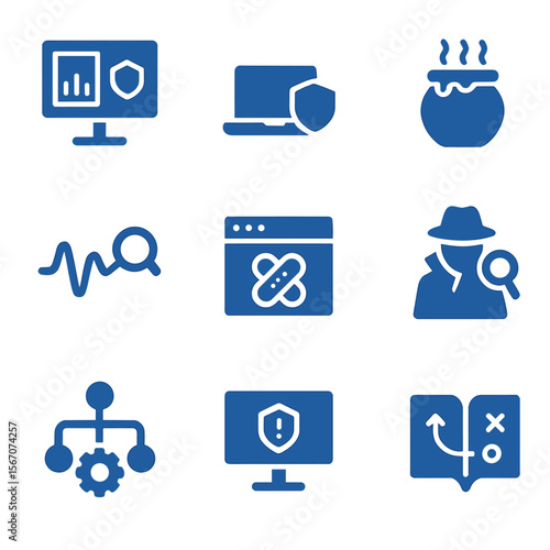 Blue Team Defense Icons. Solid, Filled icon set of blue team defenses: SIEM console, endpoint agent, honeypot trap, anomaly