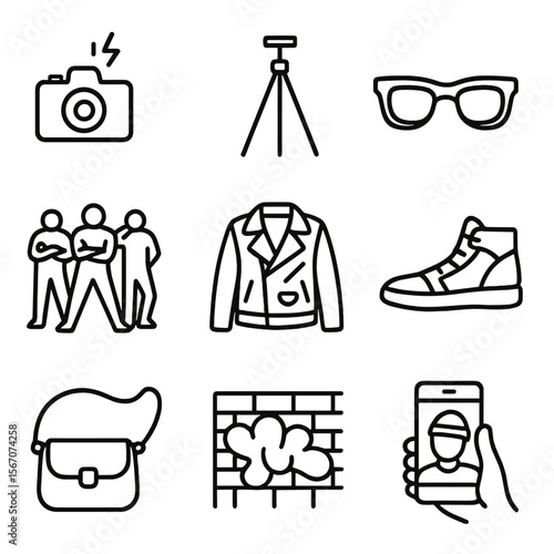 Street Style Icon Set. Outline icon set of street style group portrait: camera with flash, tripod, group silhouette posing,