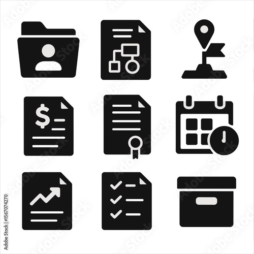 Client Files Icons. Solid, filled icons set of client and project files organization: client folder, project