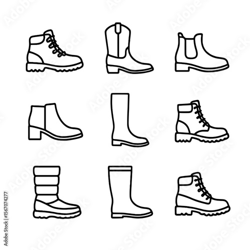 Boot Icon Set. Outline icon set of boot types: hiking boot, cowboy boot, Chelsea boot, ankle boot, riding boot, combat boot, snow