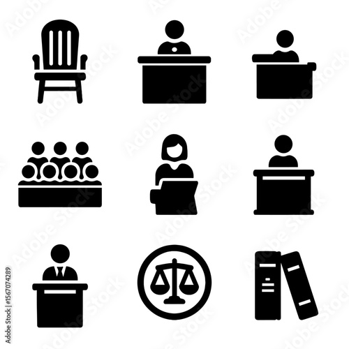 Courtroom Essentials Icons. Solid, filled icon set of courtroom essentials: courtroom chair, judge's bench, witness stand, jury