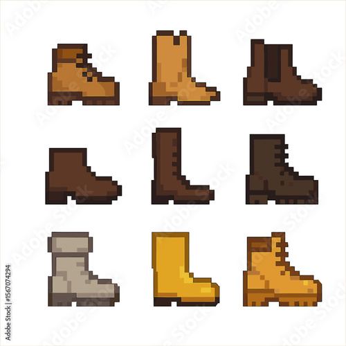 Boot Icon Set. Pixel art icon set of boot types: hiking boot, cowboy boot, Chelsea boot, ankle boot, riding boot, combat boot,