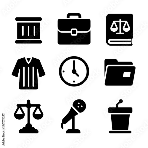 Courtroom Elements Icons. Solid, filled icon set of courtroom elements: witness stand, legal briefcase, law book, judge’s robe,