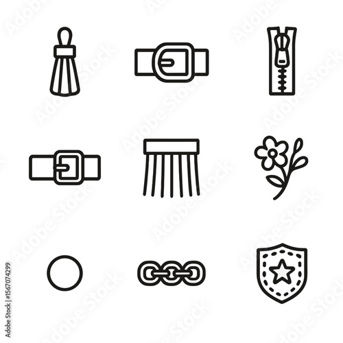 Boot Accessory Icons. Outline icon set of boot fashion accessories: tassel, buckle, strap, zipper, fringe, embroidery, stud, chain