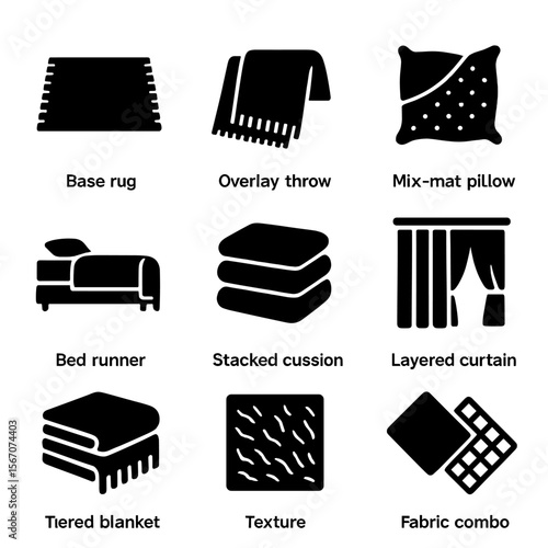 Textile Layering Icons. Solid, filled icons set of textile layering in interior design: base rug, overlay
