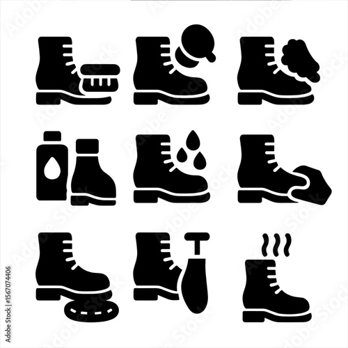 Boot Care Icons. Solid, Filled icon set of boot maintenance actions: cleaning, polishing, buffing, conditioning, waterproofing,