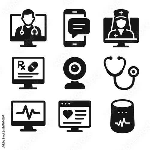 Telehealth Icon Set. Solid, filled icons set of telehealth technologies: video consult, patient chat, virtual