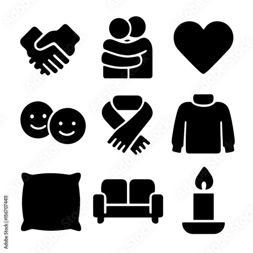 Cozy Affection Icons. Solid, filled icon set of affectionate gestures: hand holding, hugging figures, heart symbol, smiling faces,