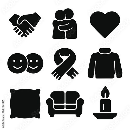 Cozy Affection Icons. Solid, filled icon set of affectionate gestures: hand holding, hugging figures, heart symbol, smiling faces,
