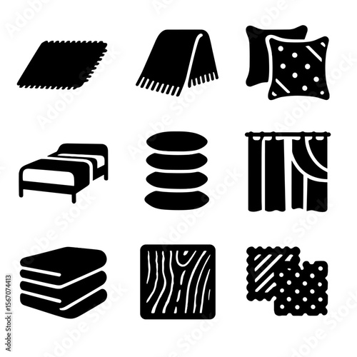 Textile Layering Icons. Solid, filled icons set of textile layering in interior design: base rug, overlay