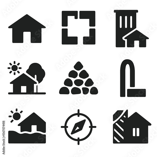 Climate Architecture Icons. Solid, filled icons set of vernacular and climate-responsive architecture: sloped