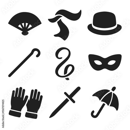 Theatrical Dance Props. Solid, filled icons set of theatrical dance props: fan, scarf, hat, cane, ribbon, mask