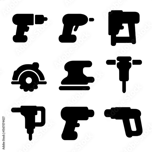 Construction Tools Icons. Solid, filled icon set of construction power tools: electric drill, angle grinder, nail gun, circular