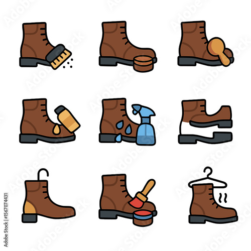 Boot Care Icons. Flat icon set of boot maintenance actions: cleaning, polishing, buffing, conditioning, waterproofing, resoling,