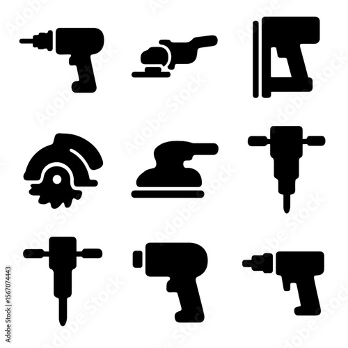 Construction Tools Icons. Solid, filled icon set of construction power tools: electric drill, angle grinder, nail gun, circular