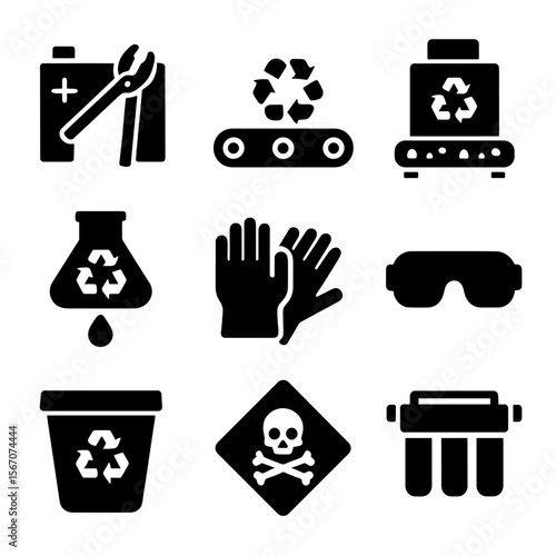 Recycling Process Icons. Solid, filled icon set of recycling process tools: battery cutter, conveyor belt, sorting machine,