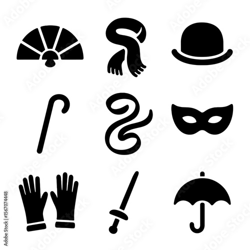 Theatrical Dance Props. Solid, filled icons set of theatrical dance props: fan, scarf, hat, cane, ribbon, mask