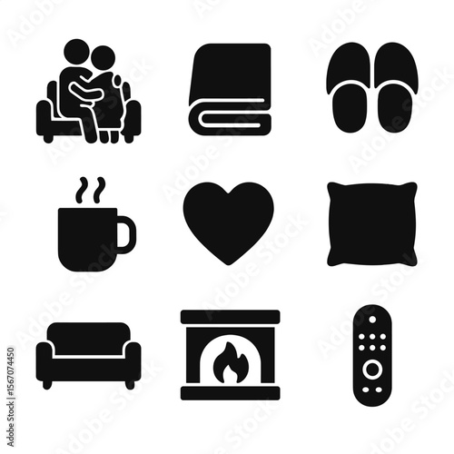 Cozy Couch Icons. Solid, filled icon set of cuddling on the couch: two people hugging, cozy blanket, warm slippers, steaming mug,
