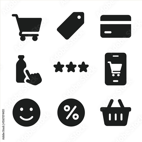 Consumer Behavior Icons. Solid, filled icon set of consumer behavior: shopping cart, sale tag, credit card, product choice, rating