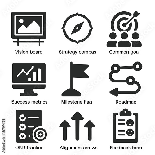 Team Alignment Icons. Solid, filled icons set of team alignment tools: vision board, strategy compass, common