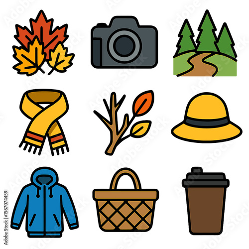 Leaf Peeping Essentials. Solid, filled icons set of leaf peeping walks: colorful leaves, camera, forest path,