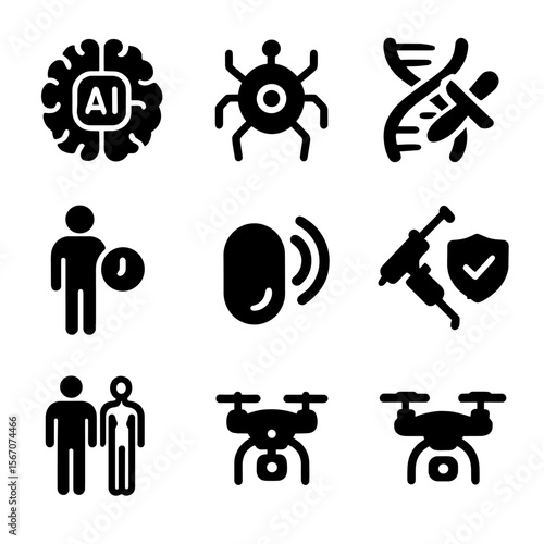 Future Tech and Home Projects. Solid, filled icon set of future health tech trends: AI brain, nanobot, gene editing, quantum