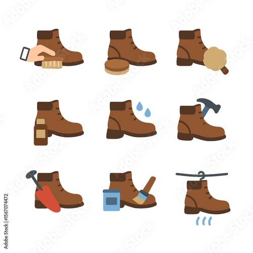 Boot Care Icons. Flat icon set of boot maintenance actions: cleaning, polishing, buffing, conditioning, waterproofing, resoling,