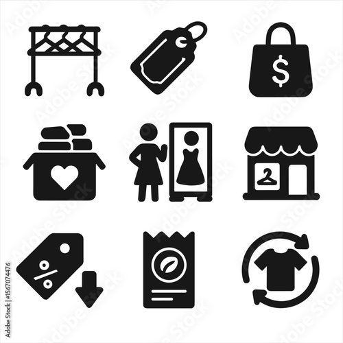 Thrift Culture Icons. Solid, filled icons set of secondhand and thrift culture: hanger rack, vintage tag,