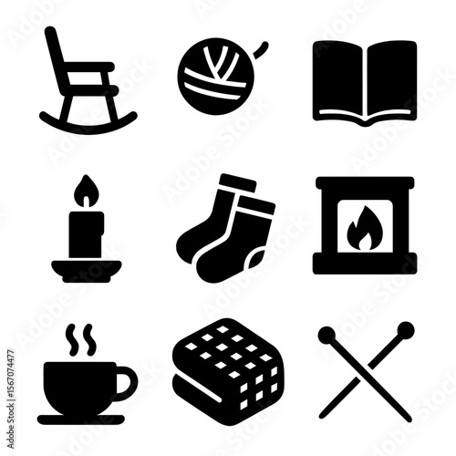 Cozy Grandmother Icons. Solid, filled icon set of grandmother’s relaxation: rocking chair, knitting ball, open book, candle, warm