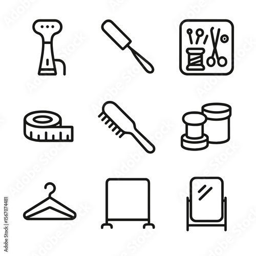 Styling Tools Icons. Outline icon set of styling and care tools: garment steamer, lint roller, sewing kit, measuring tape, fabric